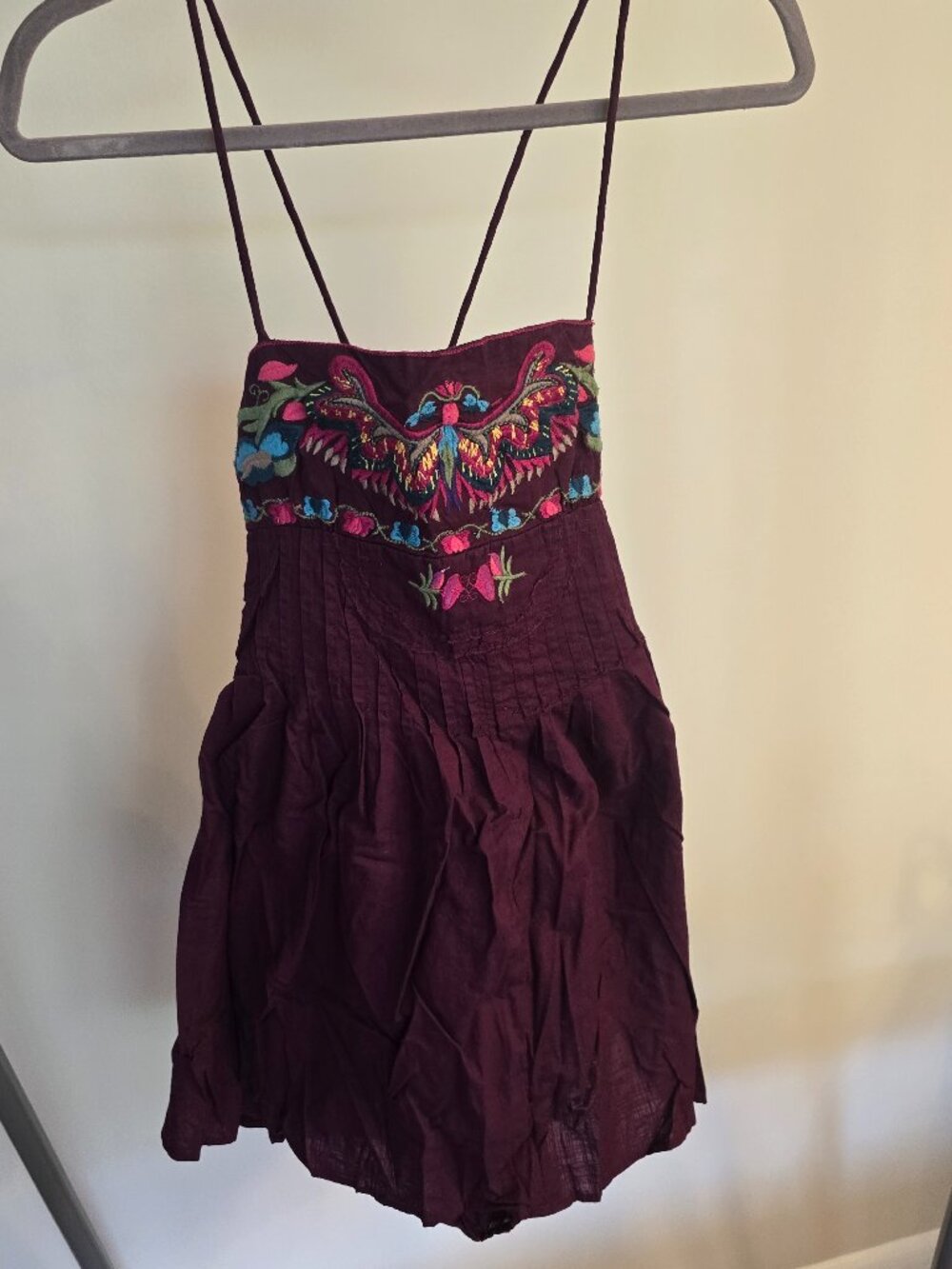 Free People Vintage Purple Floral Embroidered Bohemian Mini Dress Size 8